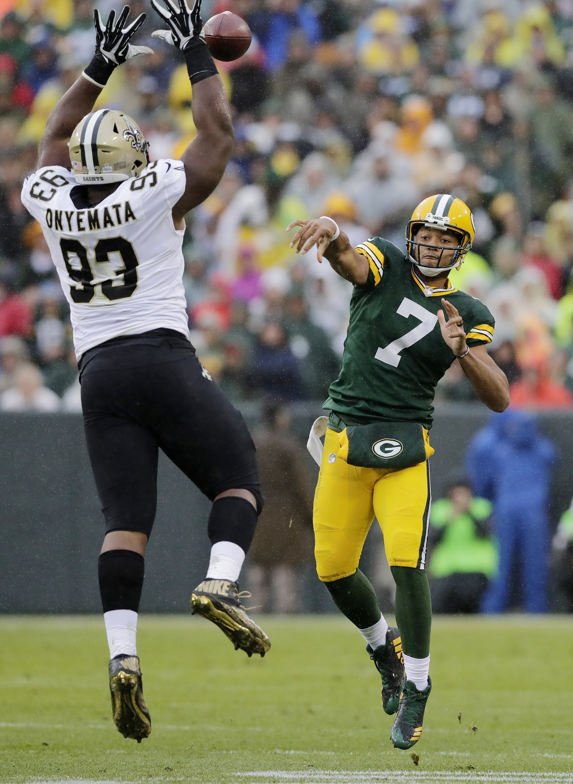 Oct 22, 2017; Green Bay Packers quarterback Brett Hundley (7) has a pass deflected by New Orleans Saints defensive tackle David Onyemata (93). Mandatory Credit: Adam Wesley/Wisconsin via USA TODAY Sports